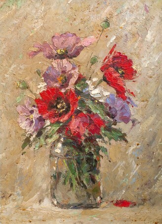 Oil painting representing flowers in the vase